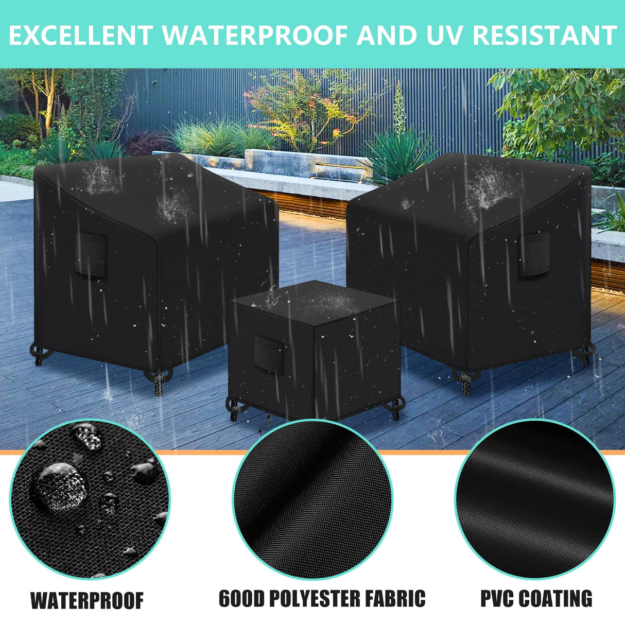 Kovshuiwe 3 Piece Outdoor Veranda Patio Garden Furniture Cover Set with 600D Oxford Fabric Durable and Water Resistant Fabric, Fit Outdoor Wicker Patio Furniture Sets/Rattan Chair Sets（only Cover） Kovshuiwe