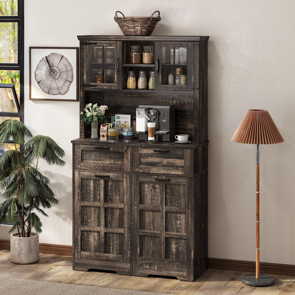 YITAHOME Kitchen Pantry Farmhouse, Tilit Out Trash Out Can Cabinet,Coffee Storage Bar Cabinet, 70" Tall Cabinet Cupboard with 2 Drawers, 2 Doors and Glass Display Case Shelf, Wheels, Rustic Dark Oak YITAHOME