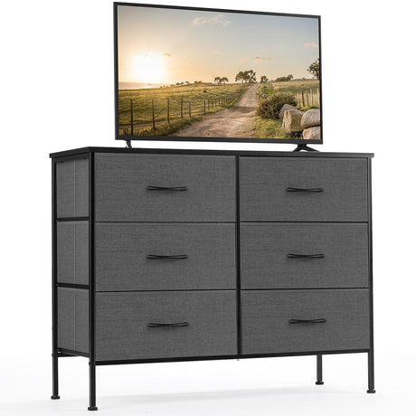 DUMOS TV Stand for Living Room, Dresser for Bedroom Chest of Dresser with 6 Fabric Drawers Storage Organizers Units, Nightstand for Bed DUMOS