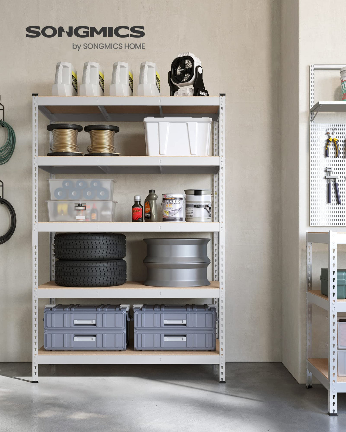 SONGMICS 5-Tier Storage Shelves, Set of 2 Garage Storage, Boltless Assembly, Adjustable Shelving Units, 23.6 x 47.2 x 70.9 Inches, Load 1929 lb Each, Shed Warehouse Basement, Silver UGLR600E02 SONGMICS