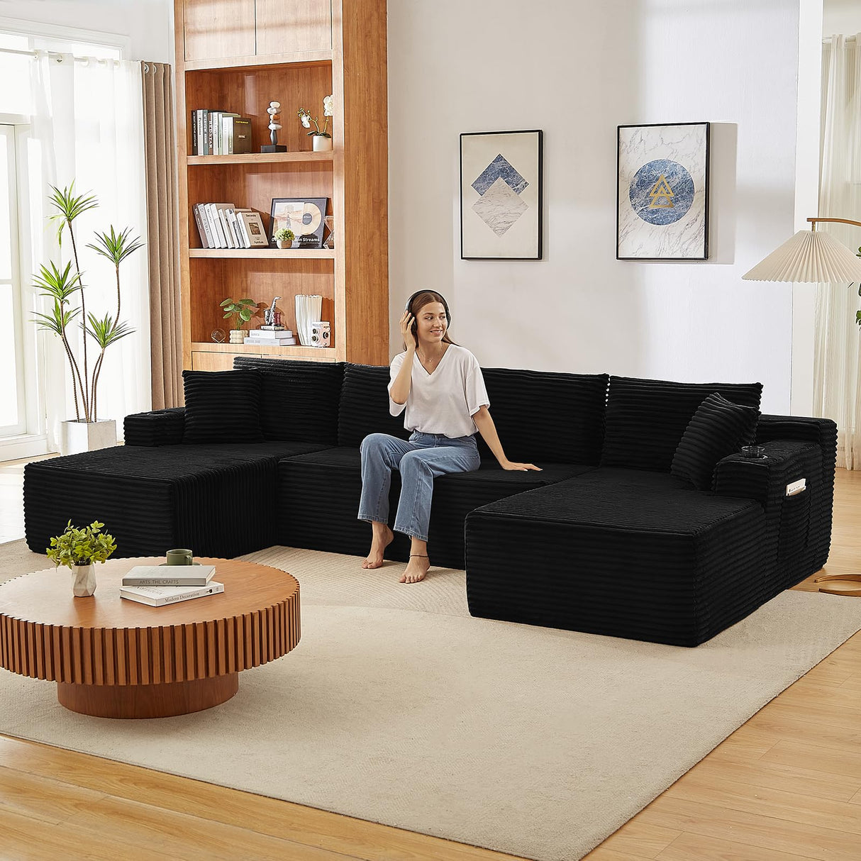 134 Inch U-Shaped Sectional Couch, Oversized Modular Corduroy Sofa with Double Chasies, 4-Seater Modern Deep Seat Boneless Cloud Couch for Living Room, No Assembly Required, Black GUANGHONG