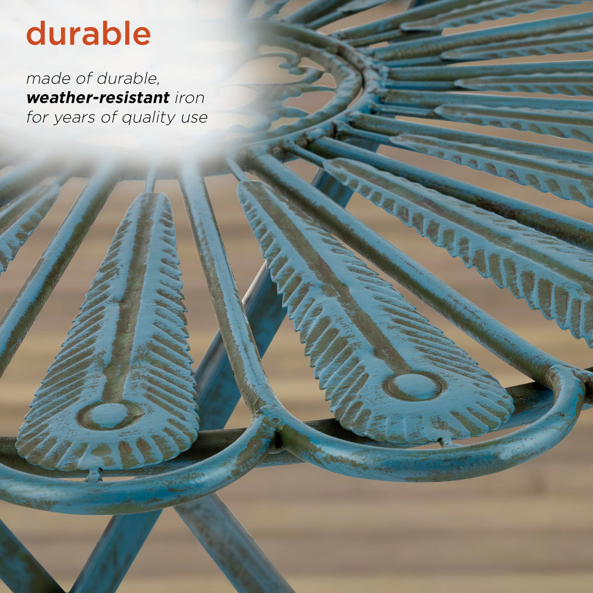 Alpine Corporation Indoor/Outdoor 3-Piece Peacock Feather Rustic Metal Bistro Set Patio Seating, Light Blue Alpine Corporation