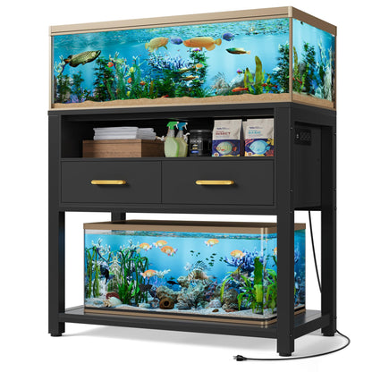 40-50 Gallon Aquarium Stand with Stable Metal Frame & Power Outlet, Heavy-Duty Fish Tank Stand with Waterproof Mat, 800LBS Capacity Storage Cabinet, Suitable for Turtle Tank, Reptile Terrarium, Black