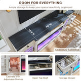 JXQTLINGMU Fireplace TV Stand for 80 Inch TV, Farmhouse Highboy Entertainment Center w/LED Lights & 36" Electric Fireplace, Large Media Console w/Glass Door Cabinet & Storage Drawer, White JXQTLINGMU