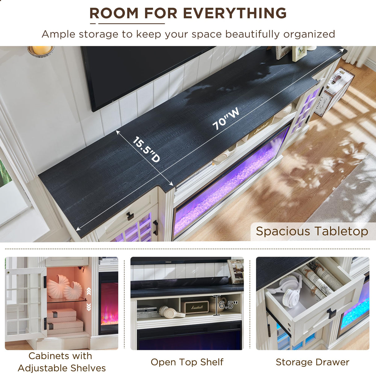 ACCOHOHO Farmhouse Fireplace TV Stand for 80 Inch TV, Entertainment Center w/ 36'' Electric Fireplace & LED Lights, Mordern Media Console with Storage Drawers & Cabinets for Living Room, White ACCOHOHO