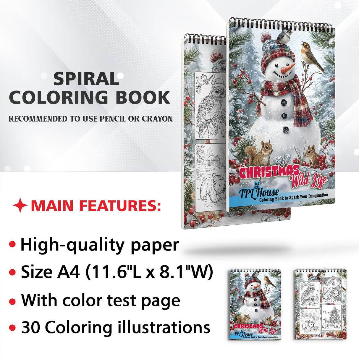 TPLHOUSE Christmas Wild Life Coloring Book Spiral Bound for Adults, Premium Cover, 30 Illustrations Coloring Pages of Animal Wildlife in Holiday Scenes for Stress Relief and Relaxation TPLHOUSE