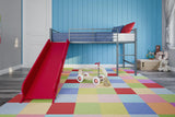 DHP Junior Twin Metal Loft Bed with Slide, Multifunctional Design, Silver with Red Slide DHP