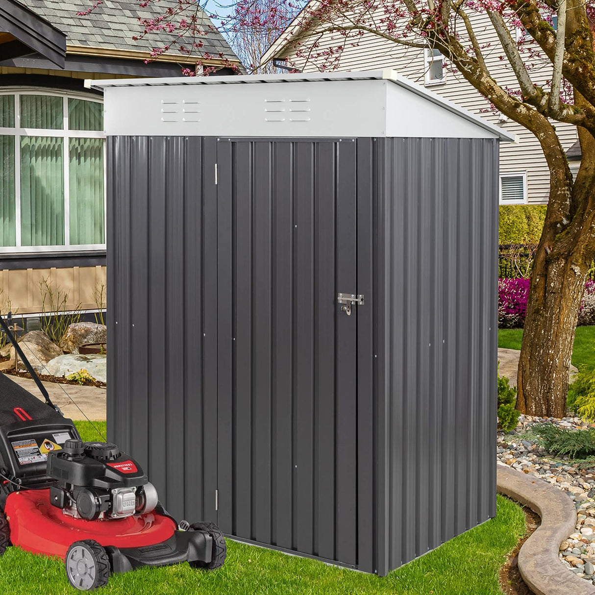 Vongrasig 5 x 3 x 6 FT Outdoor Storage Shed Clearance with Lockable Door Metal Garden Shed Steel Anti-Corrosion Storage House Waterproof Tool Shed for Backyard Patio, Lawn and Garden (Dark Gray) Vongrasig