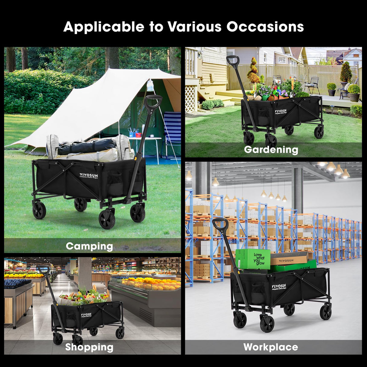 VIVOSUN Collapsible Folding Wagon, Outdoor Utility with All-Terrain Wheels, Adjustable Handle, Cup Holders & Side Pockets, for Camping, Shopping, Garden, 210Lbs Capacity, Black VIVOSUN