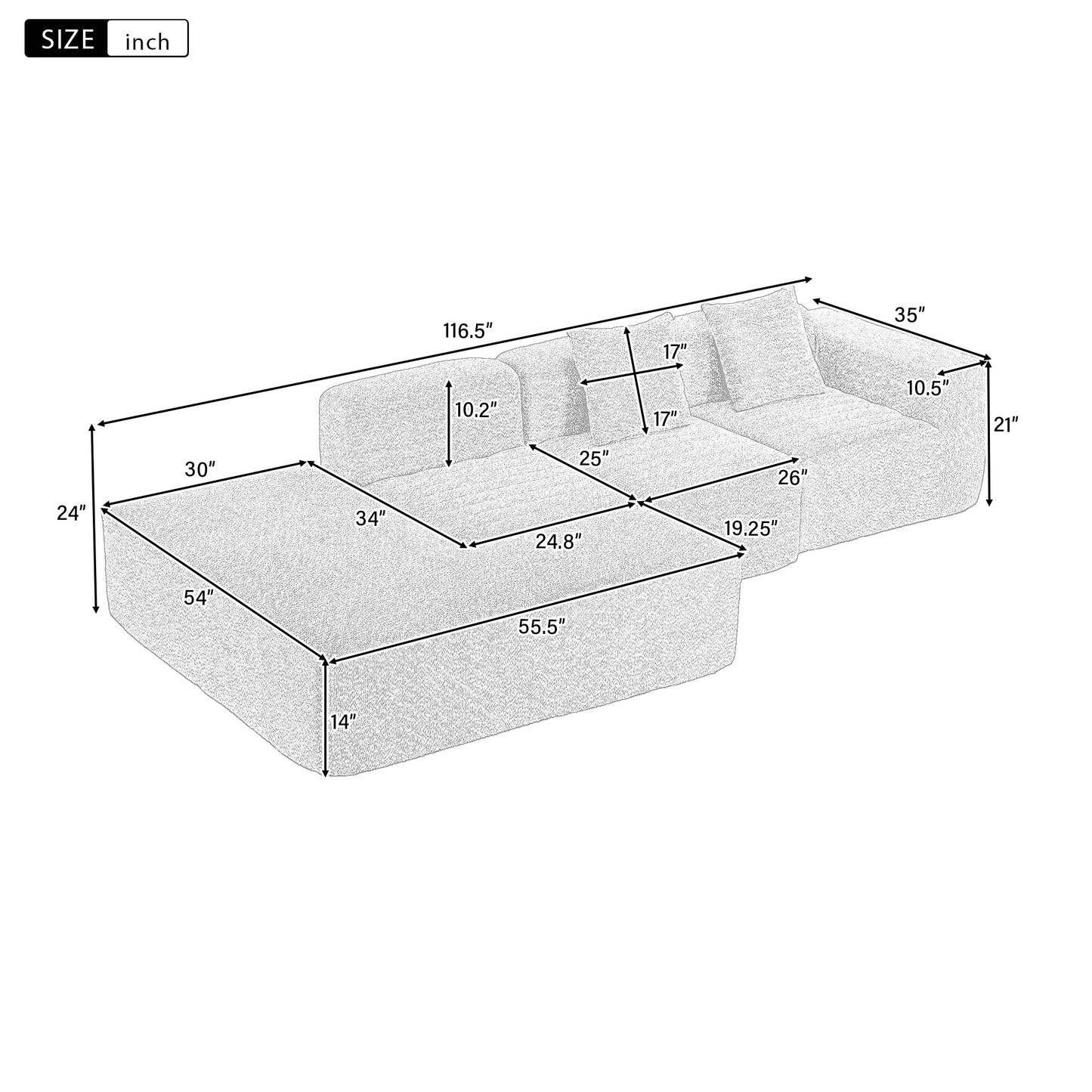 Merax 116.5" Minimalist Cloud Sectional Couch with L-Shape Chaise, Cream Modern Modular Sofa with Deep Seat, White Convertible 4 Seat Sleeper Couches Set for Living Room, No Assembly Required, Beige