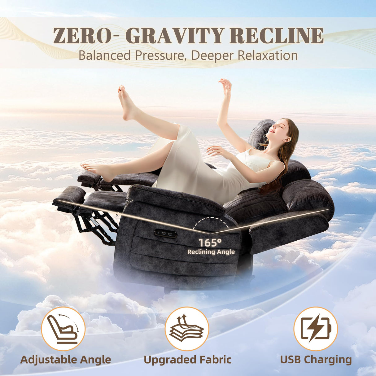 Zero Gravity Power Recliner Sofa Couch – Electric Reclining Sofa with Drop Down Table & Wireless Charging, 3 Seater Dual Reclining Couch with Adjustable Headrests for Living Room (Velvet, Grey) CALIVIA