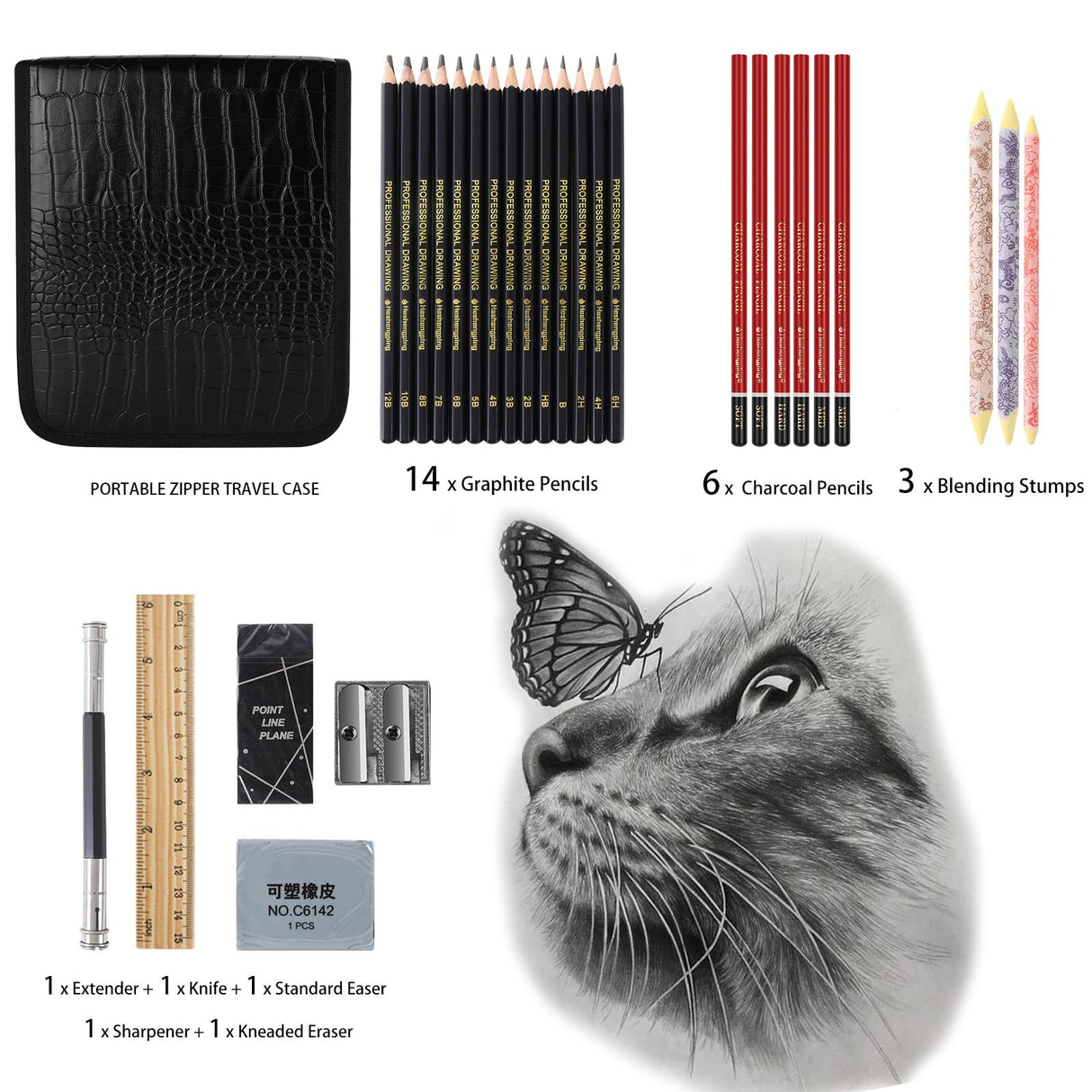 Heshengping 31 Pack Drawing Pencils Sketch Pencil Art Supplies Set for Adults Beginners Artists Pro Sketching Art Graphite Charcoal Blending Stump Pencils kit Heshengping