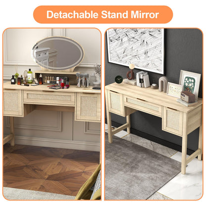 Vikiullf Rattan Vanity Desk with Led Lighted Mirror - 47 in Wood Makeup Vanity with Rattan Drawers & Cabinet, Dressing Makeup Table, for Girls Bedroom (Rattan, 47 inches) - WoodArtSupply