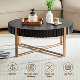 LKTART 31.5'' Round Coffee Table Modern Solid Wood Handcraft Drum Wooden Felief Coffee Table Stainless Steel Legs Sturdy Pedestal Tea Table for Living Room Apartment Small Space,Black LKTART