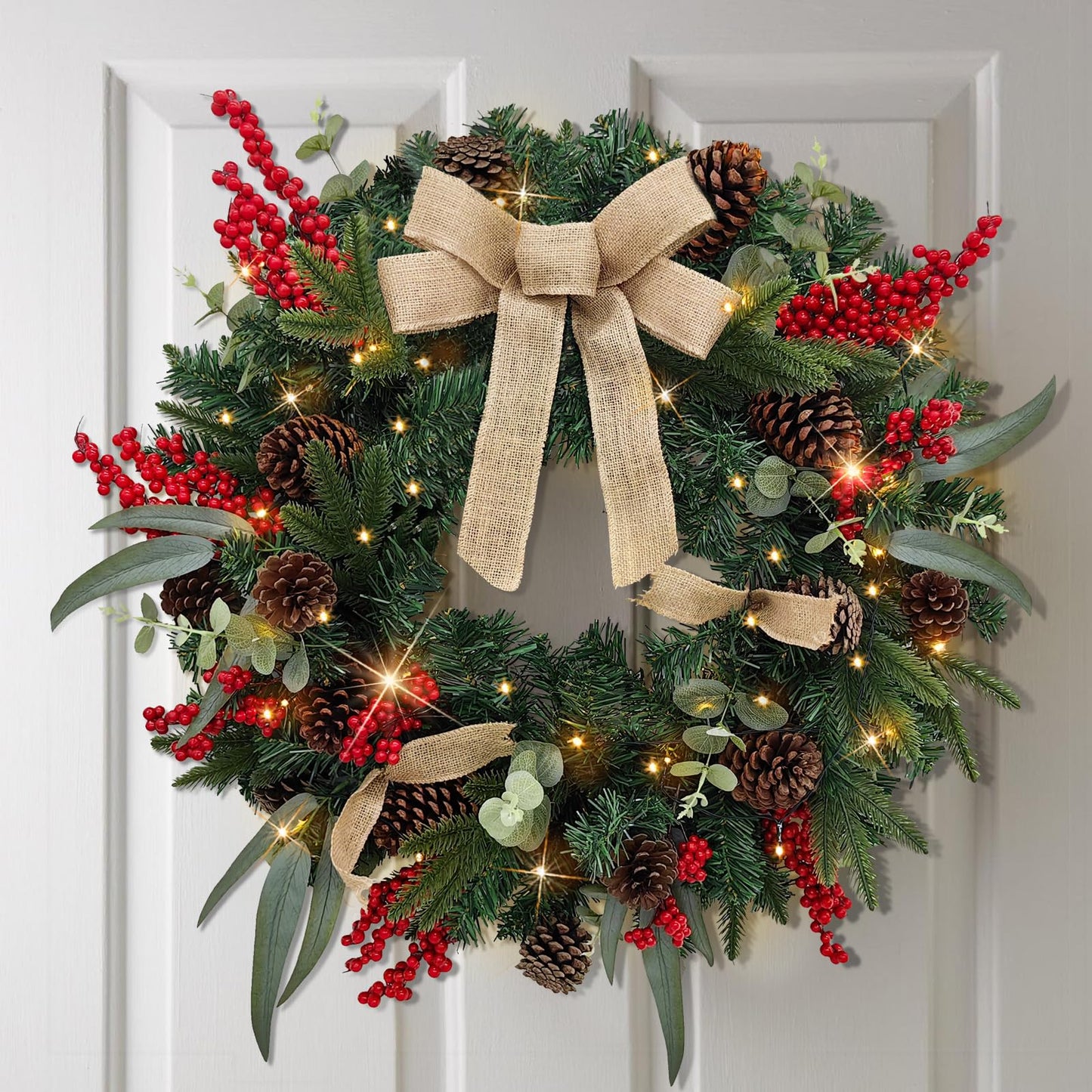 28’’ Pre-Lit Artificial Christmas Wreath, Battery Operated 35 LED Lights with Leaves, Red Berries, Natural Pine Cones, and a Linen Bow for Front Door, Xmas Wreath for Holiday Christmas Decorations