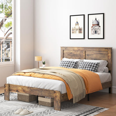 GJQN Full Size Bed Frame with Headboard, Rustic Wood Platform Bed Frame with 12 Wooden Slats Support, No Box Spring Needed, Noise Free (Dark Brown, Full)