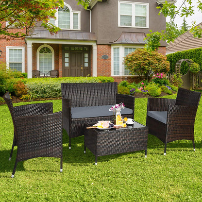 COSTWAY 4PCS Rattan Patio Furniture Set, Outdoor Wicker Rattan Chairs with Coffee Table, Rattan Cushioned Conversation Set for Backyard Balcony Porch Poolside, Grey