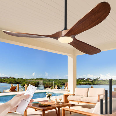 Ceiling Fans with Lights, 60 Inch Solid Wood Propeller Ceiling Fans with Lights and Remote Control Outdoor Ceiling Fan for Patios Indoor Living Room 3 Blades, Quiet DC Motor ETL Listed, Dark Walnut