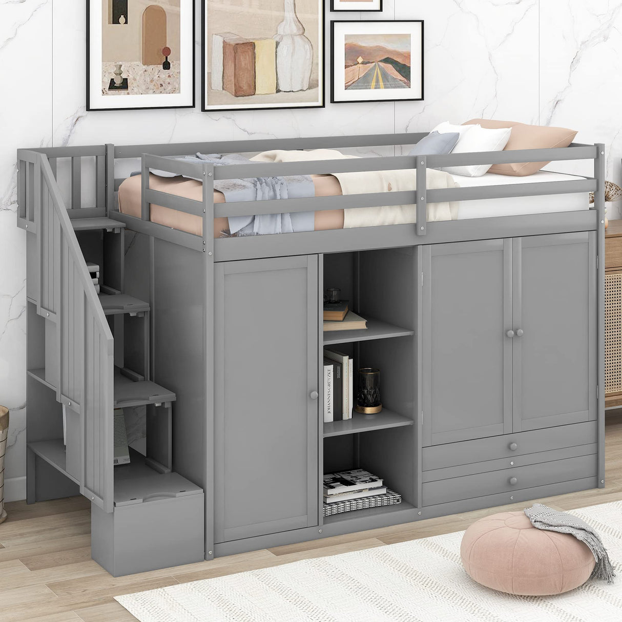 Bellemave Twin Loft Bed with Stairs and Storage - Solid Wood, Grey Finish Bellemave