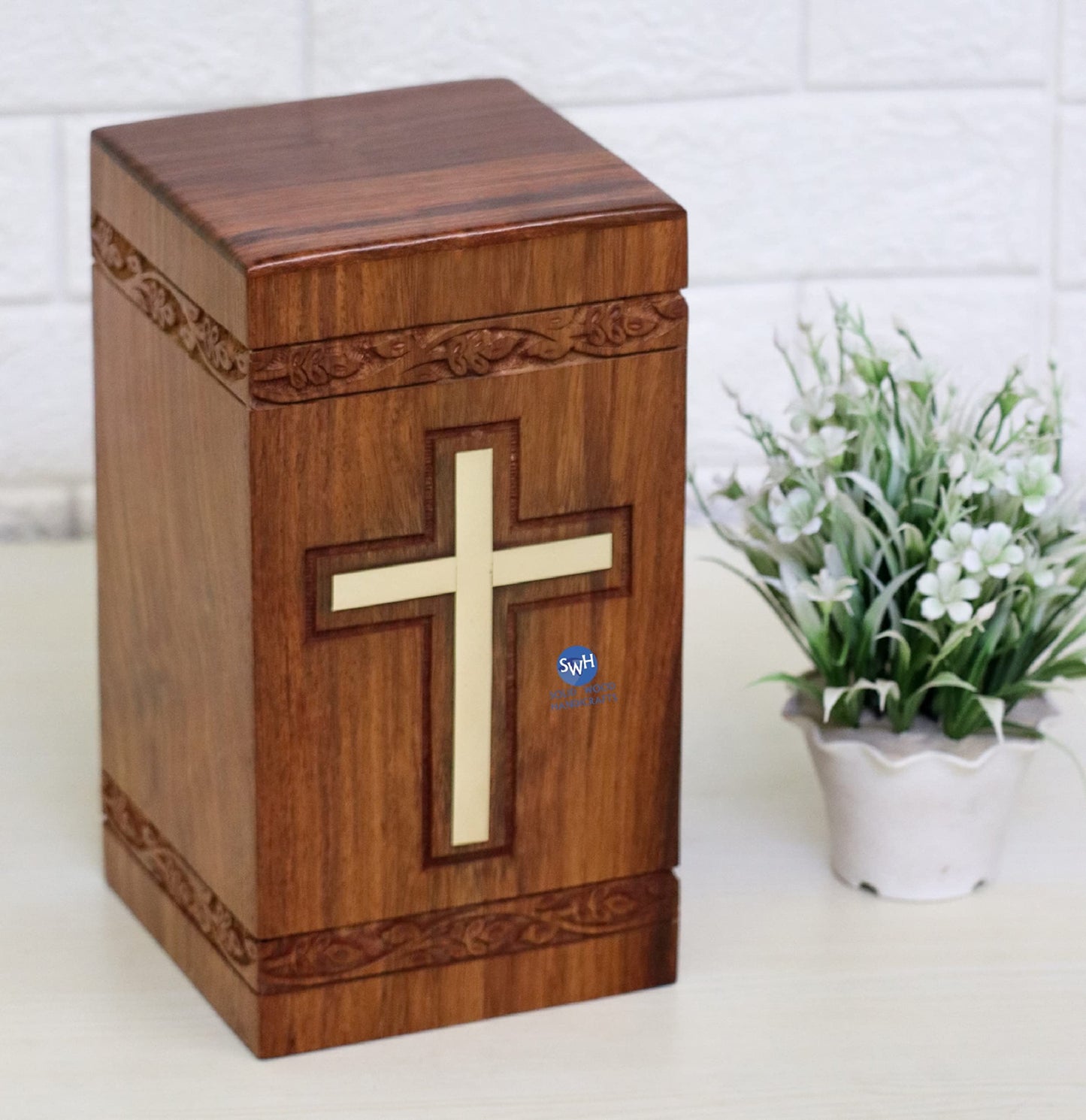 Handcrafted Wooden Urns for Ashes | Cross Engraved Rosewood Urn for Human Ashes | Funeral Pet Urns for Dogs Ashes Large 200 Cubic Inches with Bottom