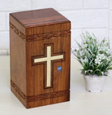 Handcrafted Wooden Urns for Ashes | Cross Engraved Rosewood Urn for Human Ashes | Funeral Pet Urns for Dogs Ashes Large 200 Cubic Inches with Bottom WoodArtSupply