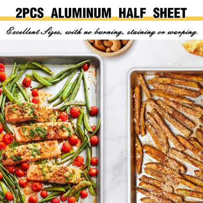 Commercial Quality Baking Sheet Pan Set, Natural Aluminum Cookie Sheet, Umite Chef Warp Resistant Nonstick Baker's Half Sheet Pan, Large Thick Cookie Tray Pans for Baking, Roasting(2 Pack, 18X13Inch)