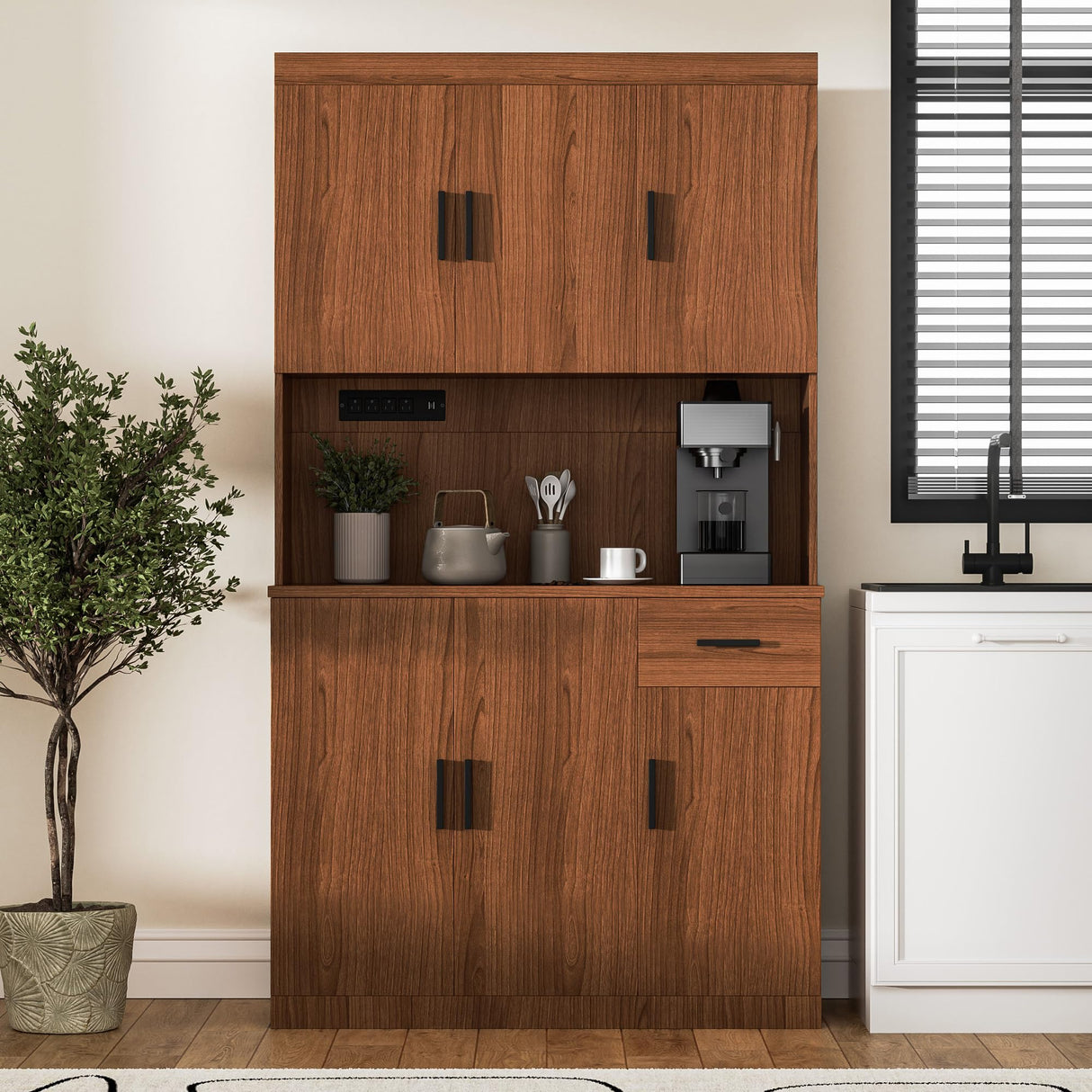 DIYART 71 Inch Brown Pantry Cabinet with Power Outlet, Heavy-Duty Freestanding Kitchen Storage Organizer with Reinforced Frame, Pantry Hutch for Kitchen, Dining Room, Laundry Room DIYART