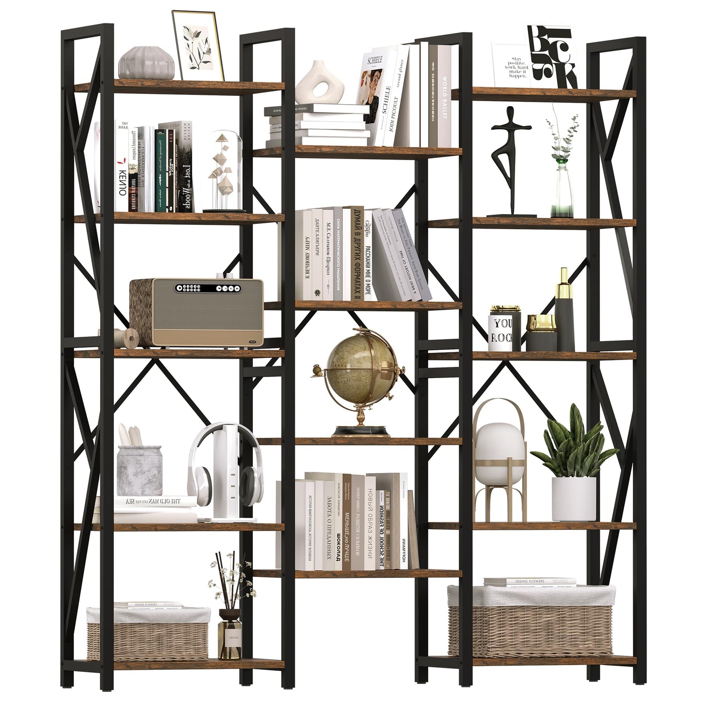 GAOMON 70.8” Triple Wide Rustic Brown 5-Tier Industrial Bookshelf with 14 Open Shelves - WoodArtSupply