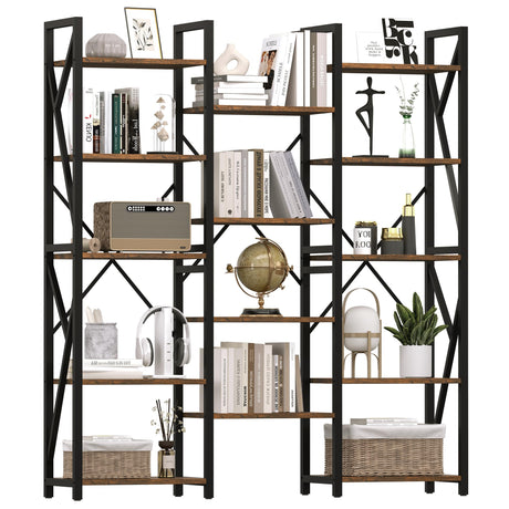 GAOMON 70.8” Triple Wide Rustic Brown 5-Tier Industrial Bookshelf with 14 Open Shelves GAOMON