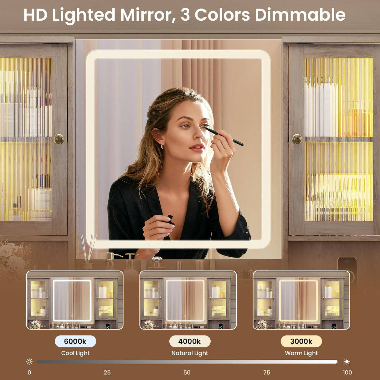 MSmask Vanity Desk with LED Mirror & 3 Color Modes, Large Makeup Vanity with 2 RGB Lights Cabinets, Glass Top Vanity Table with 5 Drawers & Power Outlet, Farmhouse Vanity, Grey MSmask