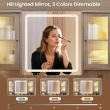 MSmask Vanity Desk with LED Mirror & 3 Color Modes, Large Makeup Vanity with 2 RGB Lights Cabinets, Glass Top Vanity Table with 5 Drawers & Power Outlet, Farmhouse Vanity, Grey MSmask