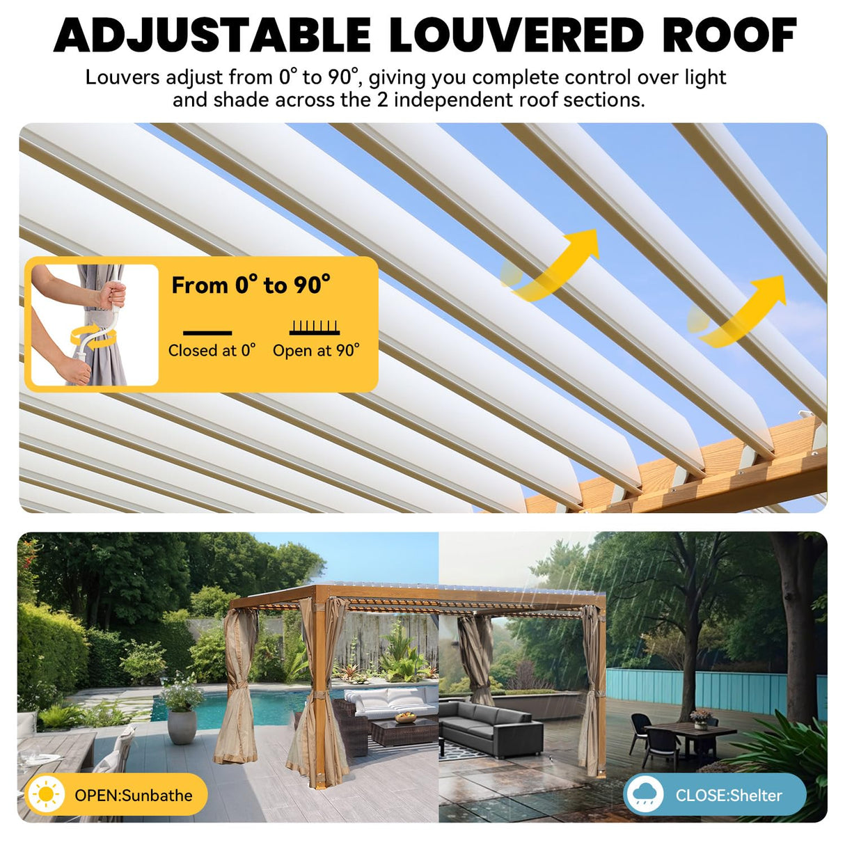 UPHYB Louvered Pergola 12x12ft, Adjustable Aluminum Pergola with Waterproof Curtains and Nets, Sun & Rain Shade for Patio, Modern DIY Outdoor Living Upgrade, Woodgrain UPHYB