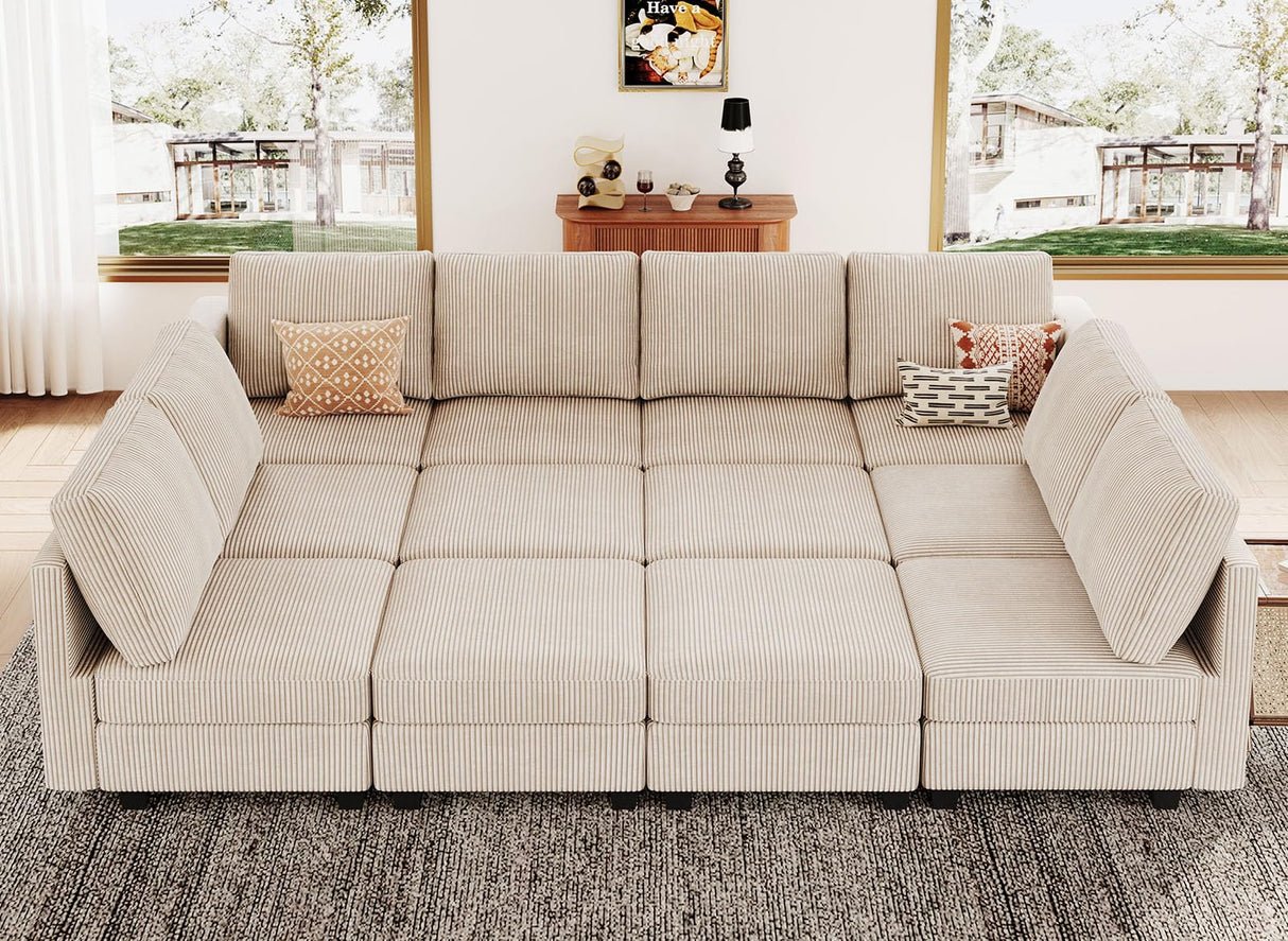 Belffin Oversized 12 Seat Modular Sectional Sleeper Sofa Convertible Sleeper Sofa with Storage Seat Large Corduroy Modular Sectional Couch for Living Room Beige Belffin