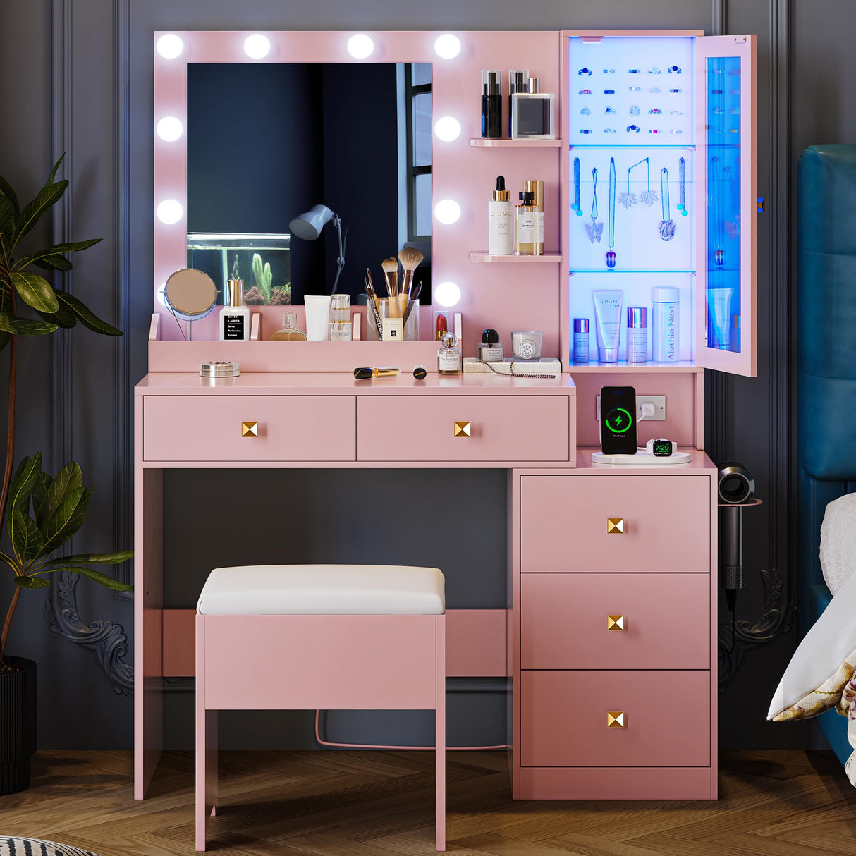 Vanity Desk with Mirror and Lights, Makeup Vanity Table Set with 5 Storage Drawers, Power Outlet & Chair, Small Dressing Table with RGB Ambient Light, Adjustable Brightness for Girls Bedroom, Pink Xixini