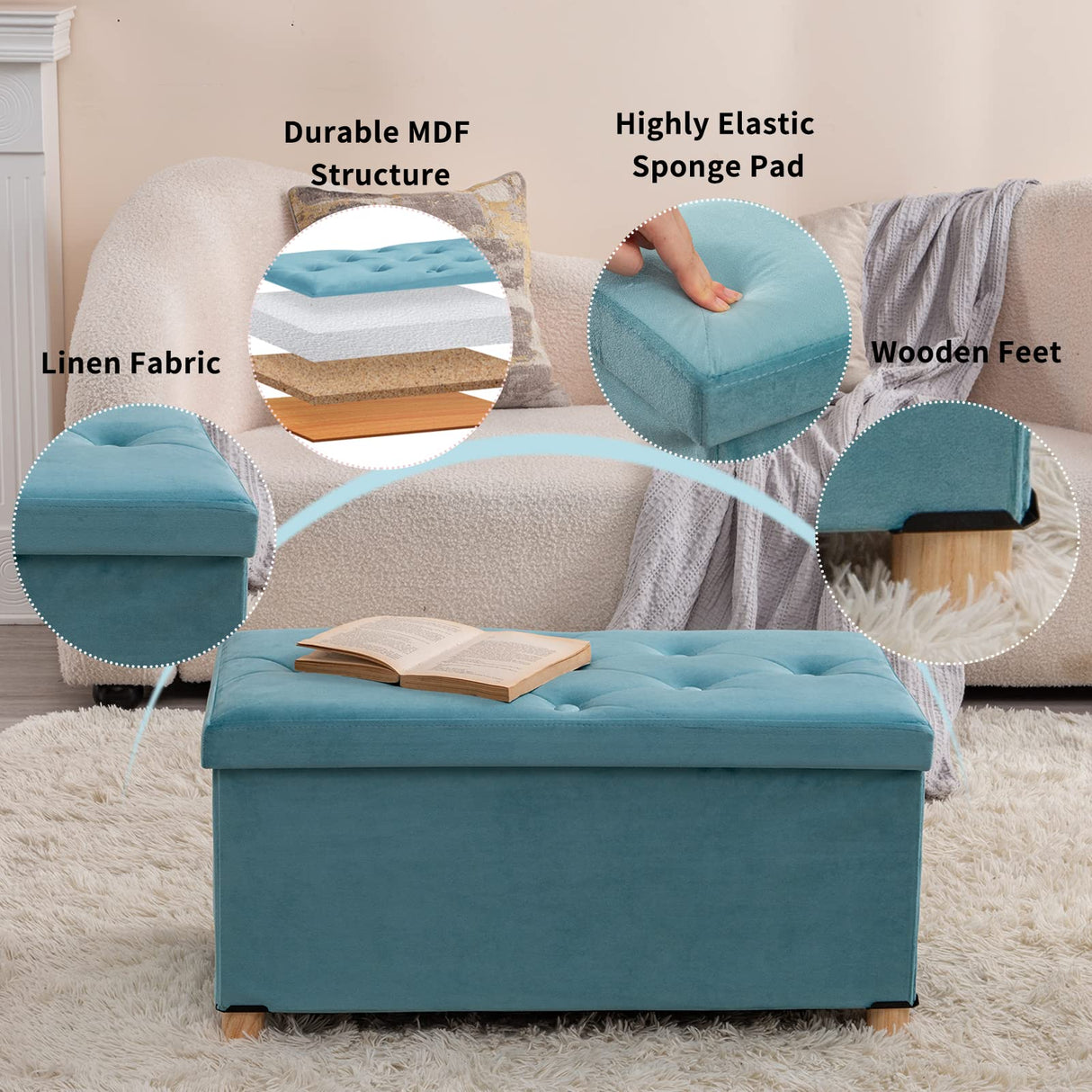 BRIAN & DANY 30 Inches Folding Storage Ottoman Bench, Ottoman with Storage for Living Room, with Wooden Feet and Lid, Teal BRIAN & DANY
