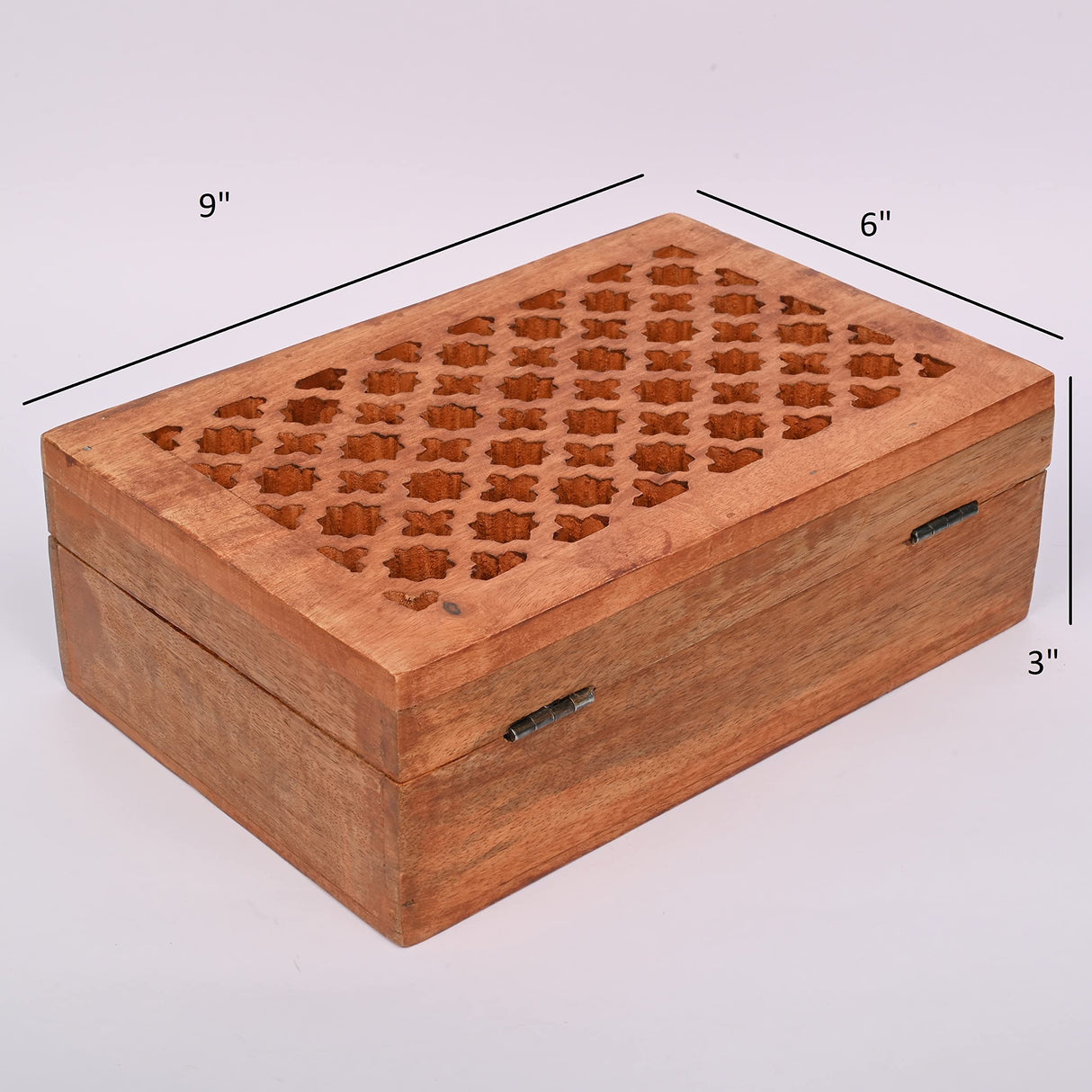 Samhita Mango Wood Decorative Wooden Box with Hinged Lid in Jali Carvings Used as Storage Box Christmas Gifts Items (9" x 6" x 3') Samhita