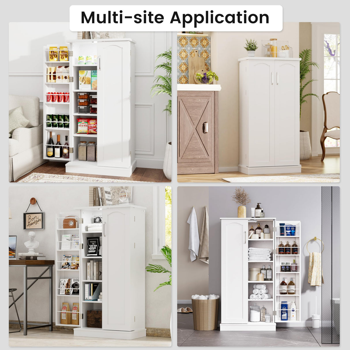 NEWOWNDS 50'' LED Kitchen Pantry Storage Cabinet, White Pantry Cabinets for Kitchen Storage with Adjustable Shelves, Freestanding Food Storage Cabinet with Doors for Living Room and Dinning Room NEWOWNDS