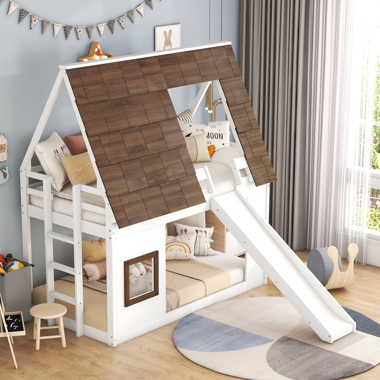 Twin Size House Bed with Slide – LZ Leisure Zone Wood Bunk Bed Frame in White and Brown with Roof and Ladder LZ LEISURE ZONE