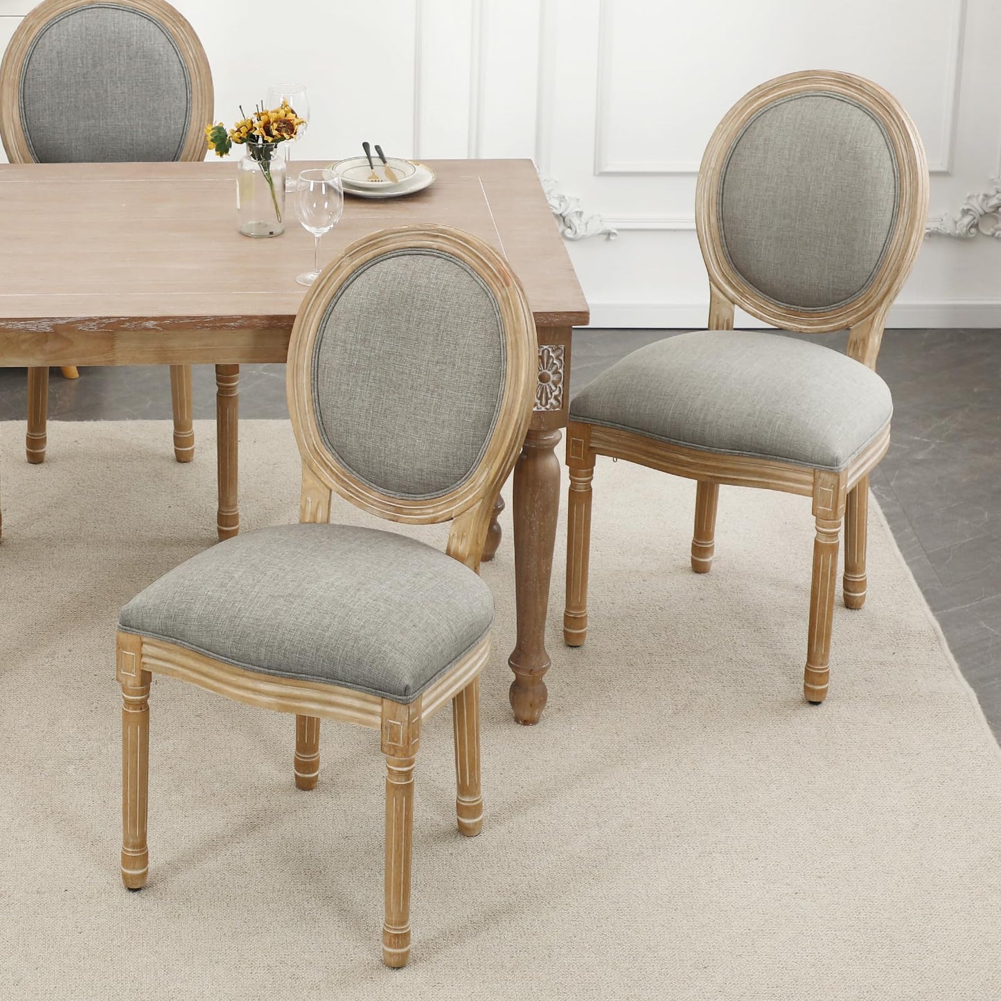 Furnimart French Country Vintage Dining Chairs Set of 4 Farmhouse Dining Chairs with Round Back and Solid Wood Legs, Oval Side Chairs for Kitchen Dining Room Living Room (Light Grey) - WoodArtSupply