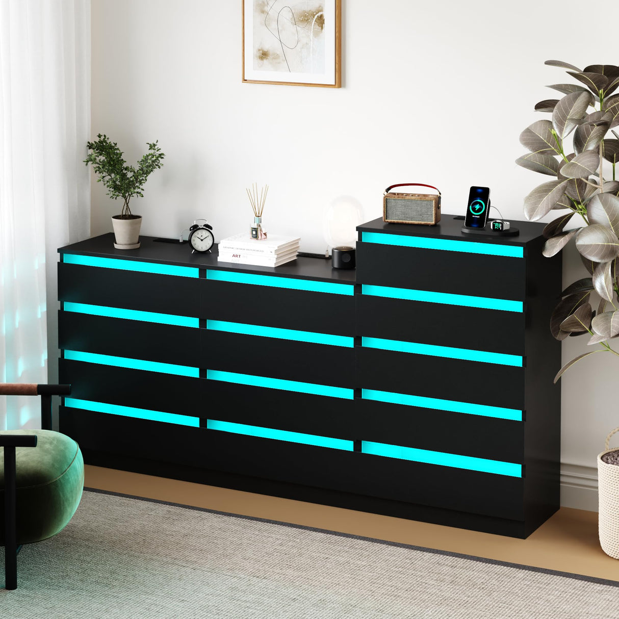 OTUTUMUS Black Dresser with Power Outlets & LED Lights, 5 Drawer Tall Black Dresser with Tempered Glass Panel, Chest of Drawers for Bedroom with Embedded Handle, 27.2" W x15.8 D x 43.5" H OTUTUMUS