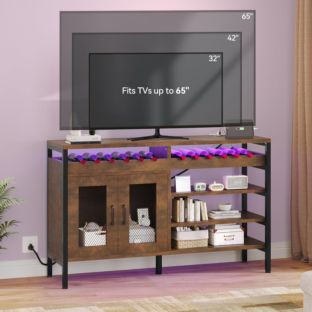 YITAHOME 55" Industrial Bar Cabinet with LED Lighting and Power Outlets for Home Dining and Living Rooms YITAHOME