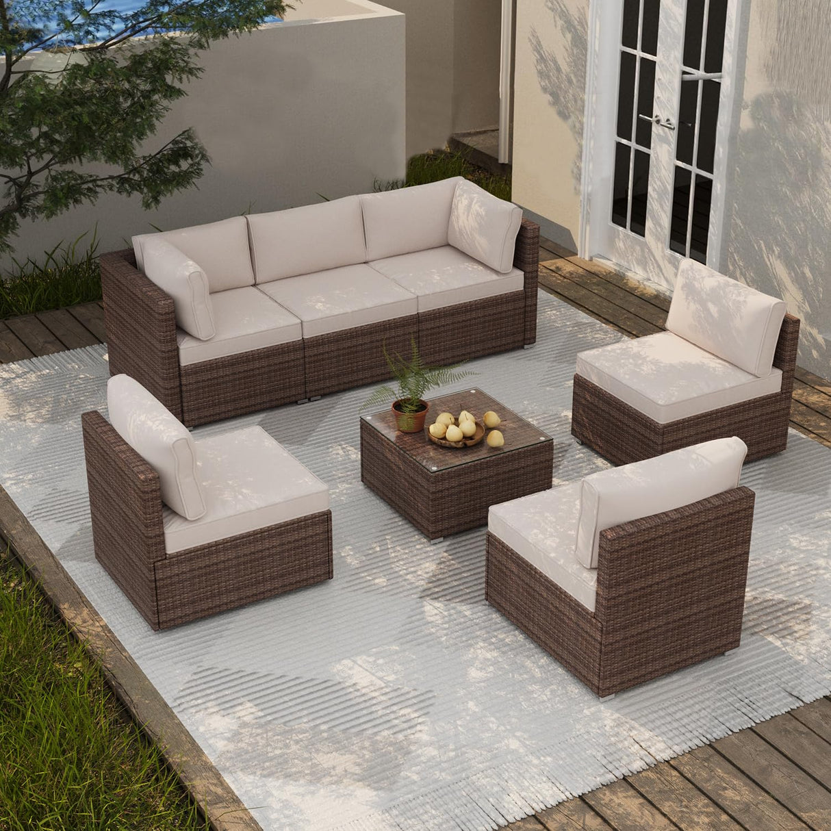 7 Piece Patio Furniture Set, Outdoor Couch Set—All-Weather Outdoor Furniture Sectional w Water Resistant Thick Cushions, Patio Sofa Set w 2 Extra Pillows and Coffee Table (Beige & Brown, 7PCS) Naga Bahna