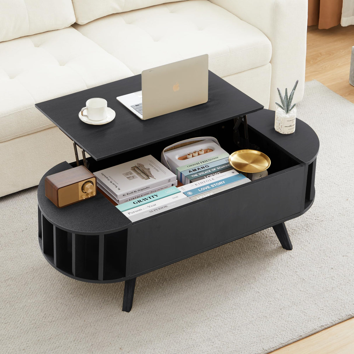 FurSch Wood Lift Top Coffee Table with Hidden Storage, 47.24" Oval Lift Table Top Curved Profile Design Conversation Table for Living Room, Office (Black) FurSch