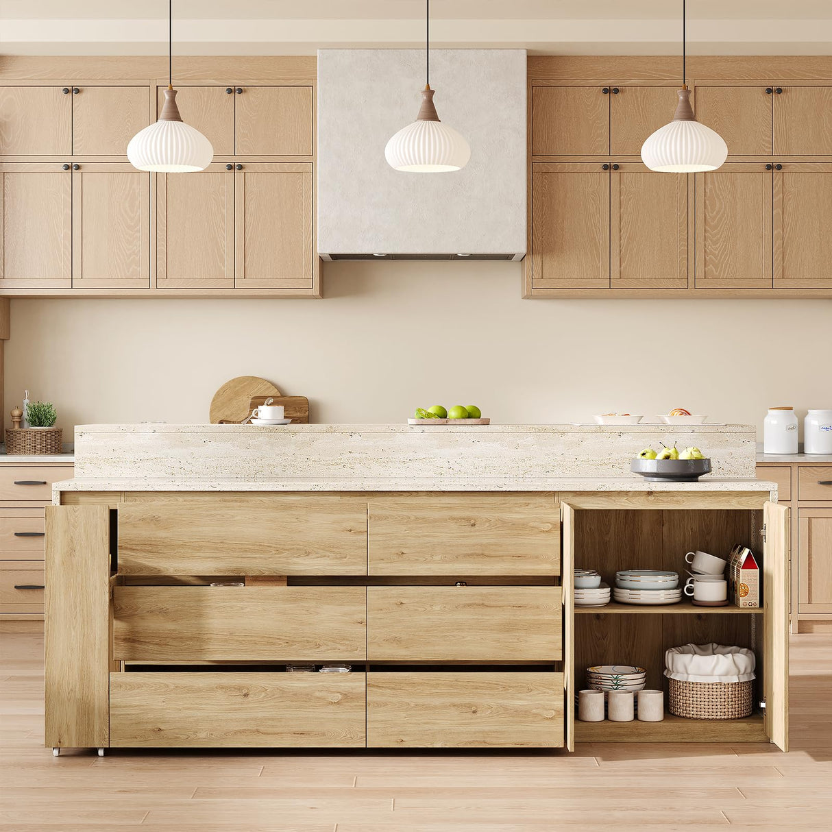 90.6"W Stationary Kitchen Island with Double-layer Countertop, Kitchen Island Storage Cabinet with Adjustable Shelves & 6 Drawers, Island table with Pull Out Spice Rack for kitchen , Dining Room UKAOCAI