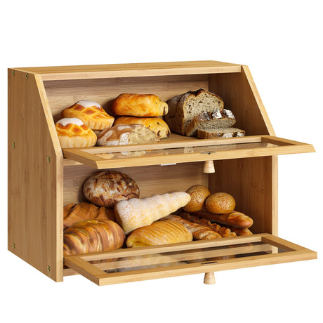 Farmhouse Bread Box for Kitchen Countertop Bread box Double Layer Bamboo Wooden Extra Large Capacity Bin Kitchen Food Storage Container(White) BMOSU