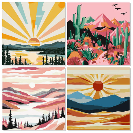 NAIMOER 4 Pack Sunset Paint by Numbers Kits for Adults Beginner with Wooden Framed, Color by Numbers on Canvas Painting Kits for Adults, Easy Paint DIY Acrylic for Home Wall Decor 8X8 Inch NAIMOER