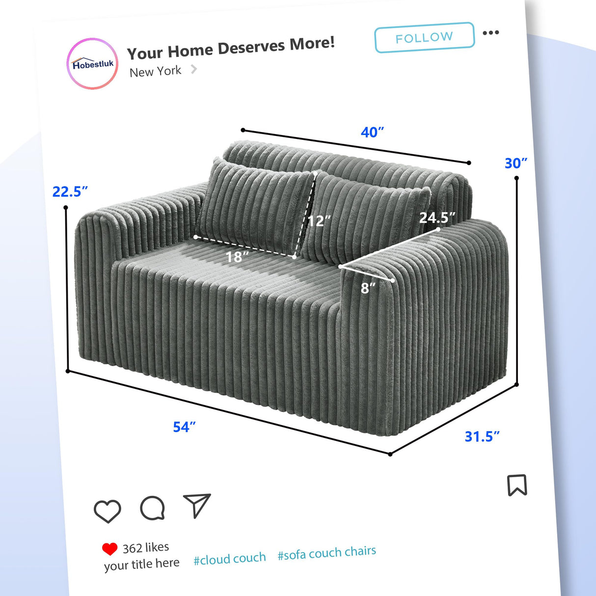 Hobestluk Couch Sofa 2-Seater Foam Sofa Loveseat for Small Spaces Comfy Sofas with Removable Cover Furry Couch with Pillows for Living Room, Bedroom, Apartment, Office (Grey, Loveseat) Hobestluk