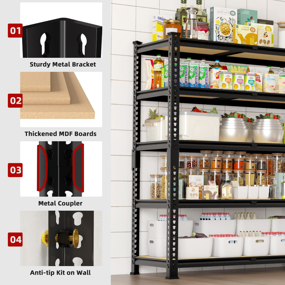 BuxWellBang Heavy Duty Metal Storage Shelves - 35.5" W x 11.8" D x 72" H 5 Tier Adjustable Garage Shelving Unit, Industrial Utility Rack Shelf for Warehouse, Pantry, Kitchen, Black BuxWellBang