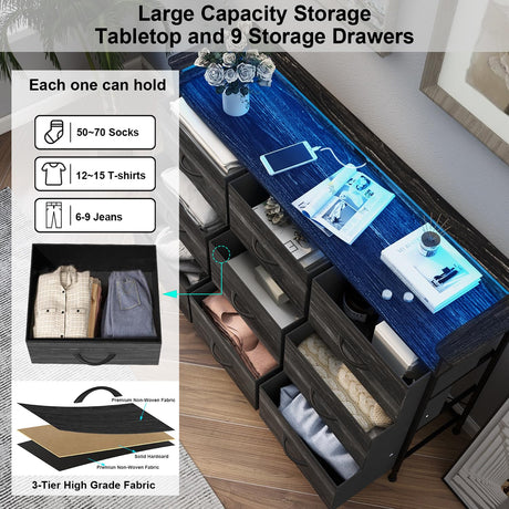EXOTICA Black Dresser with Charging Station 9 Drawers Dresser with LED Light and USB Ports Fabric Dresser for Bedroom Hallway Entryway Closets Sturdy Steel Frame Wood Top EXOTICA