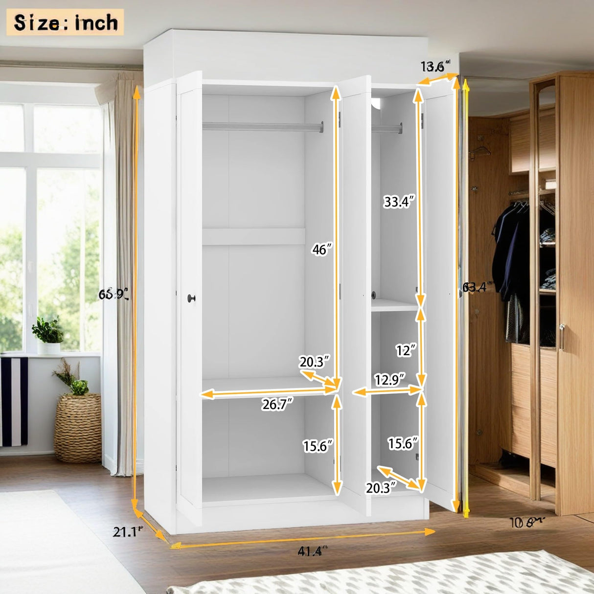 KELRIA Modern 3-Door Armoire Wardrobe with Shelves and Hanging Rod, Large Freestanding Storage Wardrobe Closet, Wooden Clothes Storage Organizer Cabinet for Bedroom, Guest Room, White KELRIA